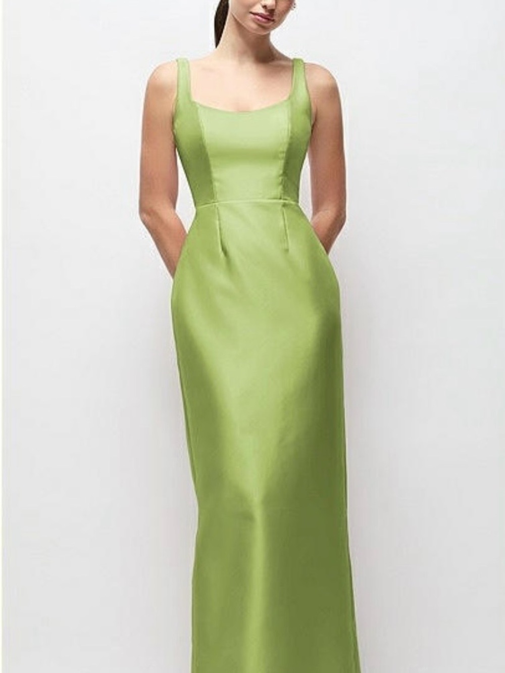 Dessy/ Alfred Snug Dress Elegant Lime Green Satin Square-Neck Maxi Dress